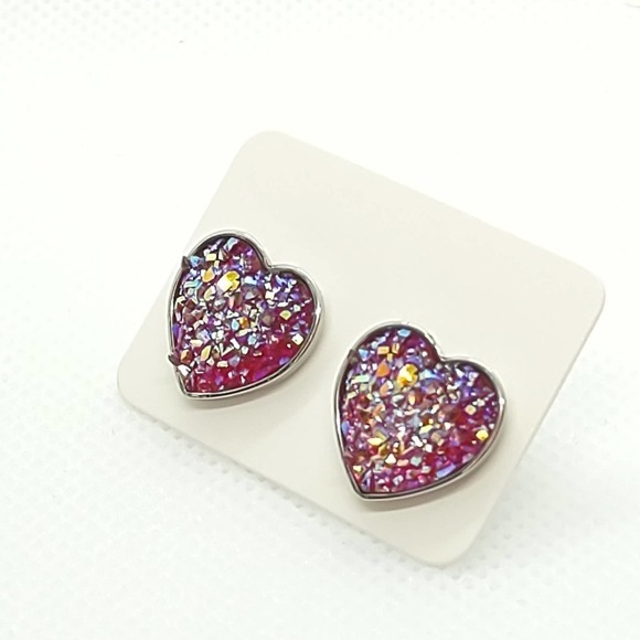 5/$25 Heart Shaped Druzy Earrings Iridescent Studs Heart Shaped Earrings $6 SHIP - Picture 2 of 4